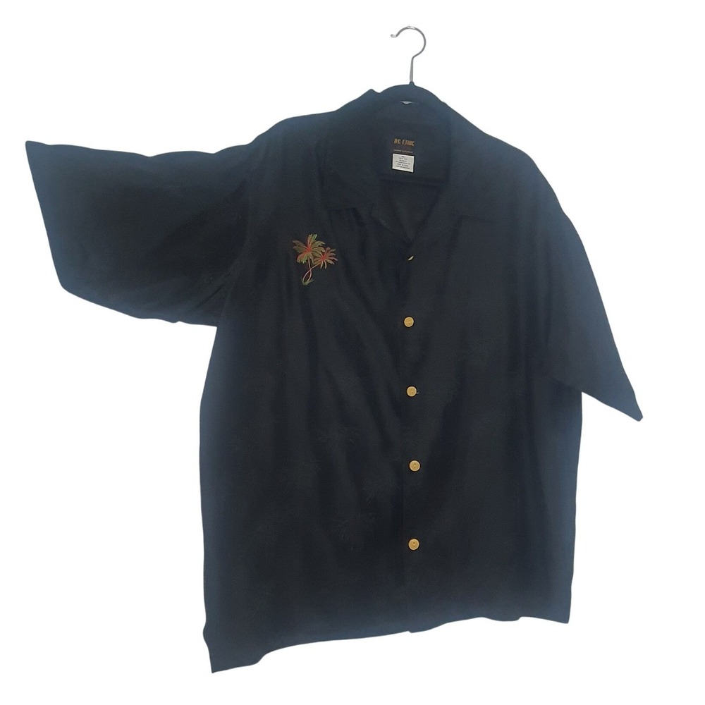 BC Ethic Mens XL Black 100% Silk Aloha Embroidered Hawaiian Camp Shirt Volcano - Picture 13 of 13